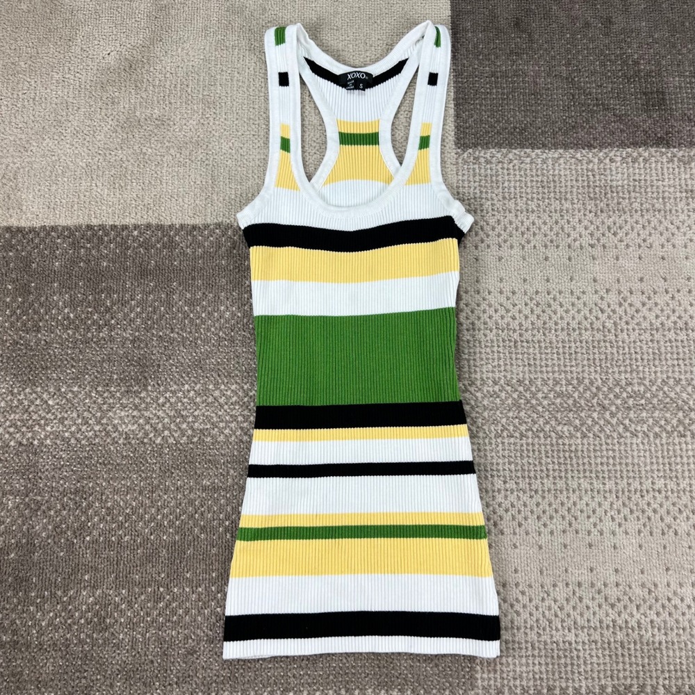 XOXO Womens Striped Ribbed Knit Racerback Tank Top Green Yellow White Small
